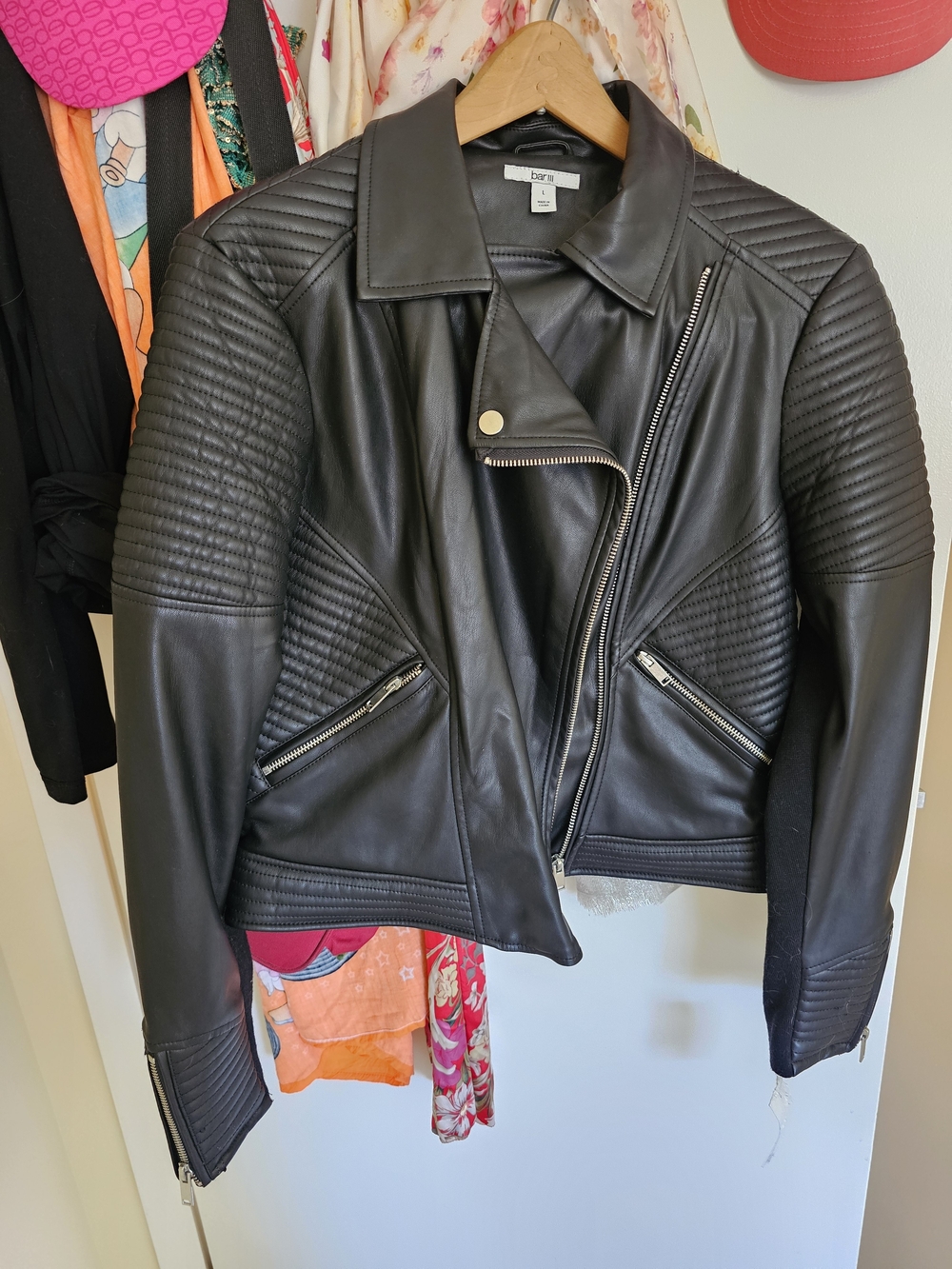Bar III Black Quilted Moto Leather Jacket